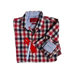 NWT Elie Balleh Boys Gingham Plaid Slim Fit Shirt (Red) - Size 14